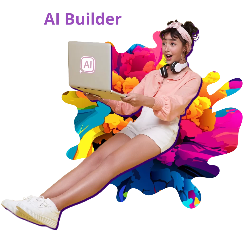 Překvapená mladá žena v růžové halence, bílých šortkách a se sluchátky kolem krku, držící notebook s logem AI, sedící na barevném abstraktním pozadí. Nad ní je text „AI Builder“
