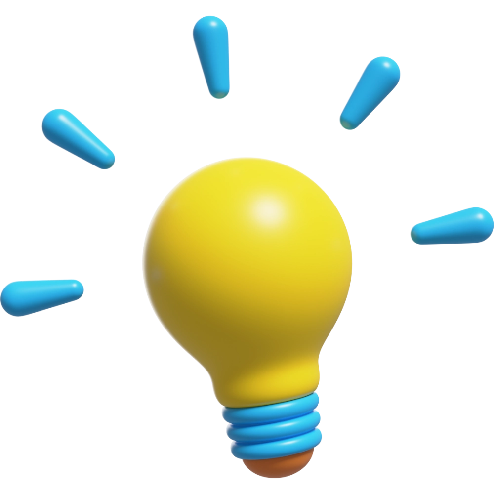 3D žlutá ikona žárovky s modrými paprsky představujícími nápad nebo inspiraci