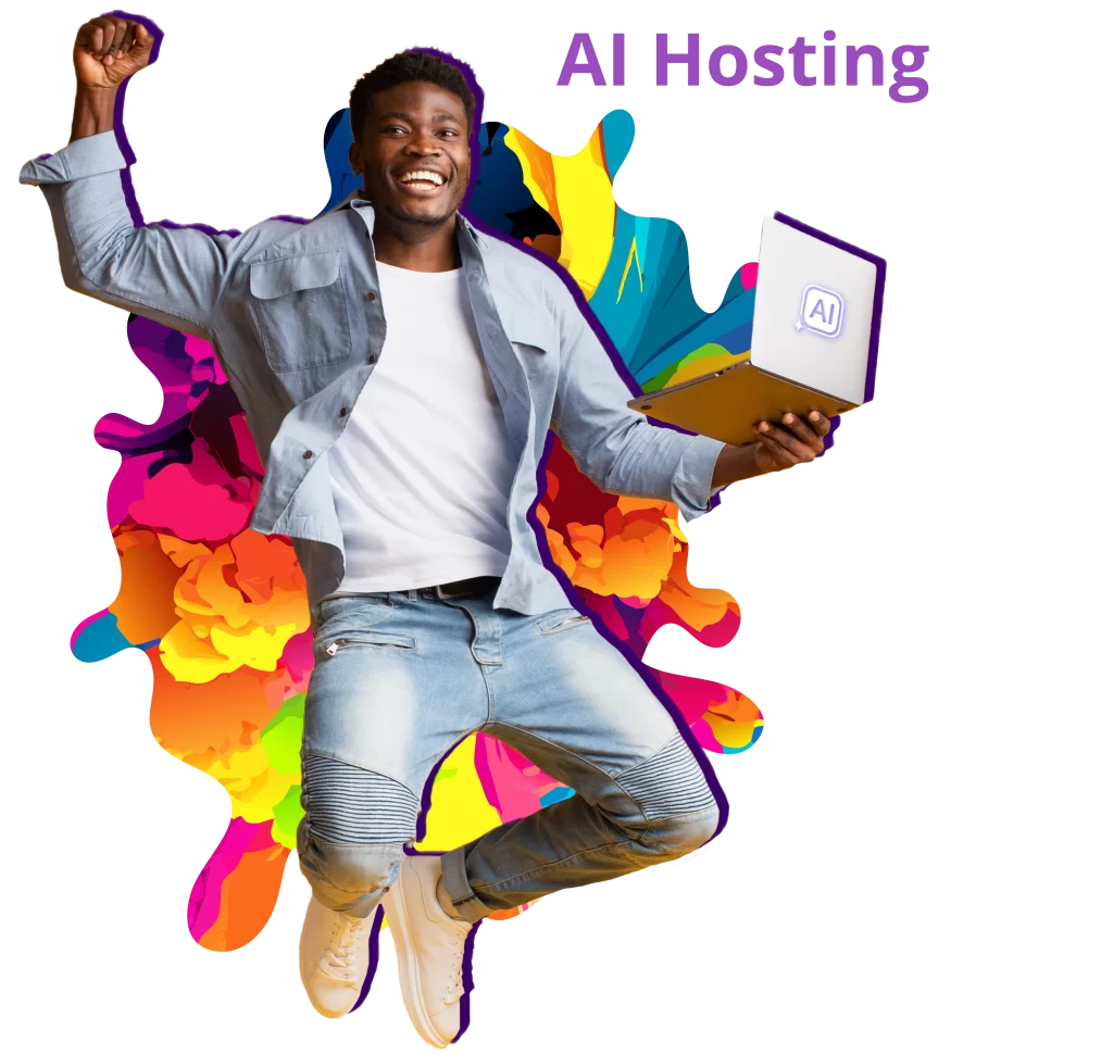 Usměvavý muž skákající s jednou rukou zdviženou, držící notebook s logem AI, oblečený v bílém tričku a světle džínové bundě, na barevném abstraktním pozadí. Nad ním je text „AI Hosting pro WordPress
