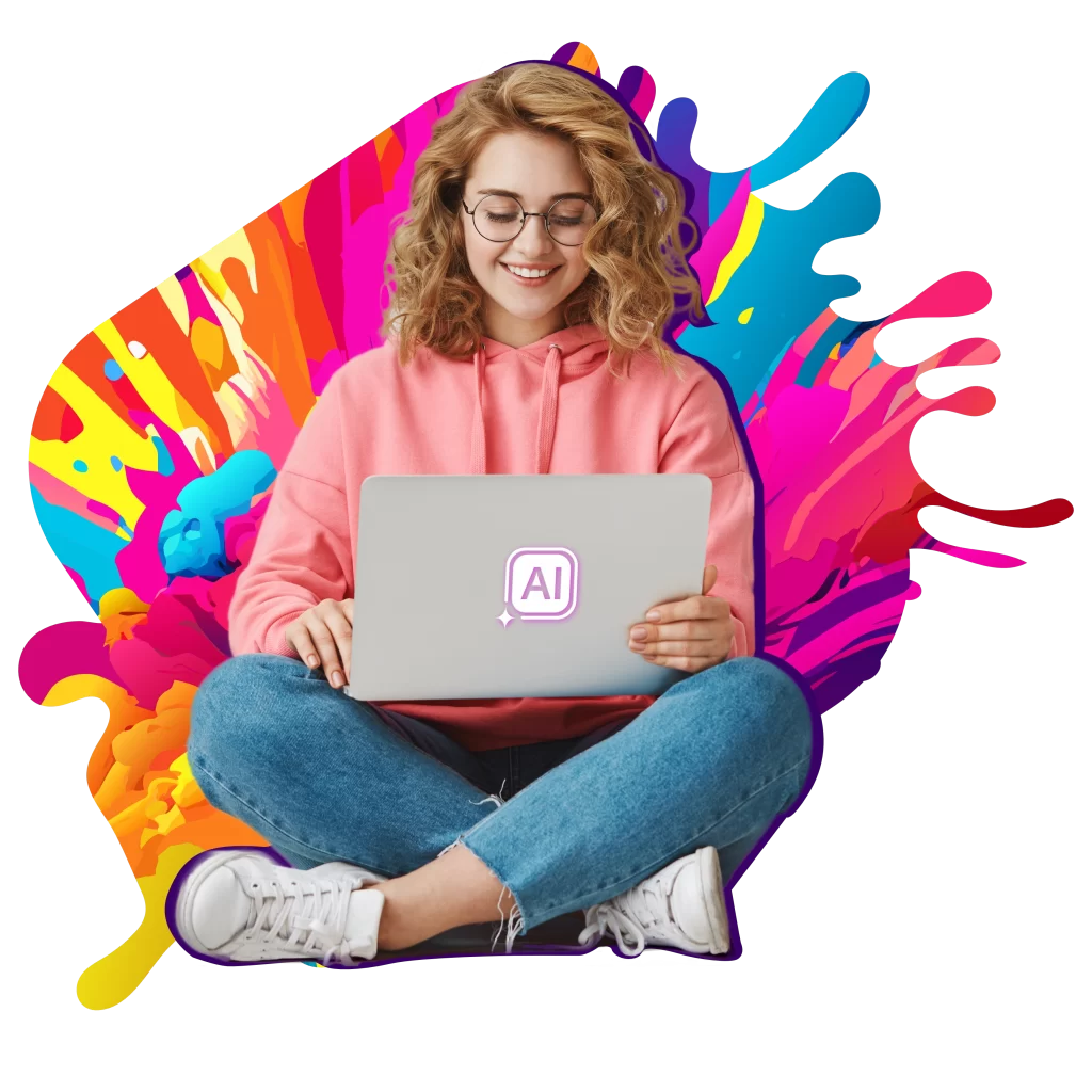 Usměvavá žena s kudrnatými vlasy a brýlemi sedící se zkříženýma nohama, v růžové mikině s kapucí a džínách, používající notebook s logem AI, na barevném abstraktním pozadí