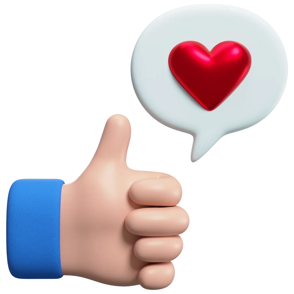 3D emotikon ruky ukazující palec nahoru s bublinou obsahující červené srdce