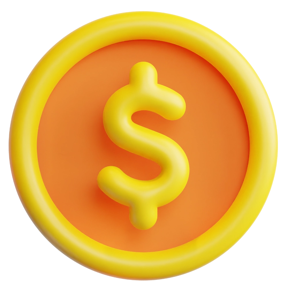 3D ikona mince se žlutým znakem dolaru na oranžovém pozadí