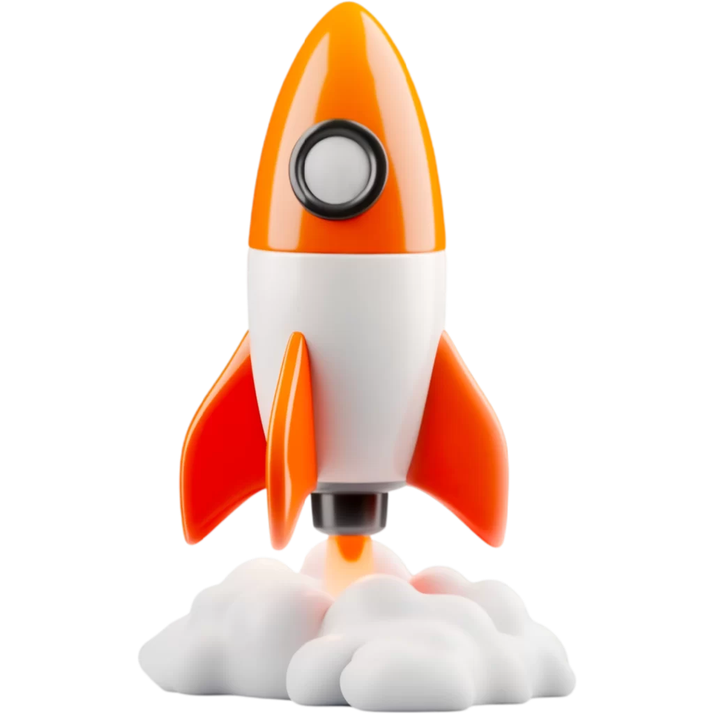 3D oranžovo-bílá ikona rakety startující s kouřem u základny