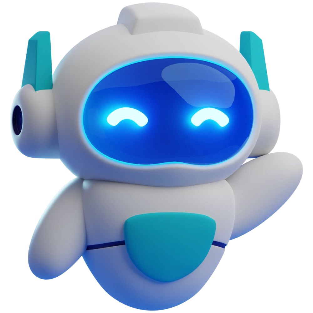 3D roztomilý bílomodrý robot se zářícím modrým obličejem a usměvavýma očima