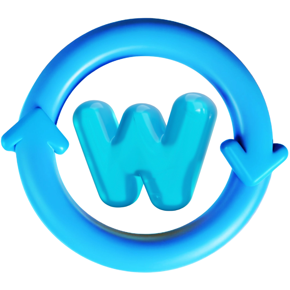 3D modrá ikona písmena W uvnitř kruhové obrysové linie