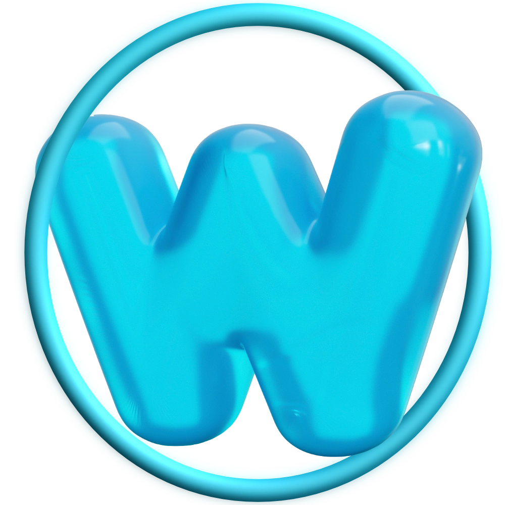 3D modrá ikona písmena W uvnitř kruhové obrysové linie