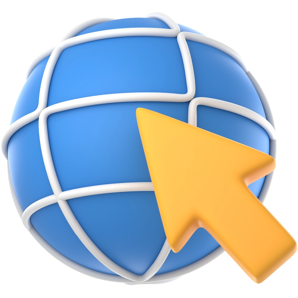 3D modrá ikona zeměkoule s bílými mřížkovými čarami a žlutým šipkovým kurzorem mířícím na ni