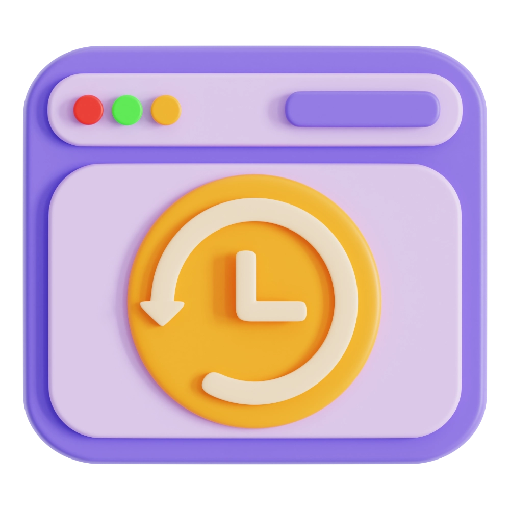 3D fialová ikona okna prohlížeče se žlutým symbolem hodin uprostřed