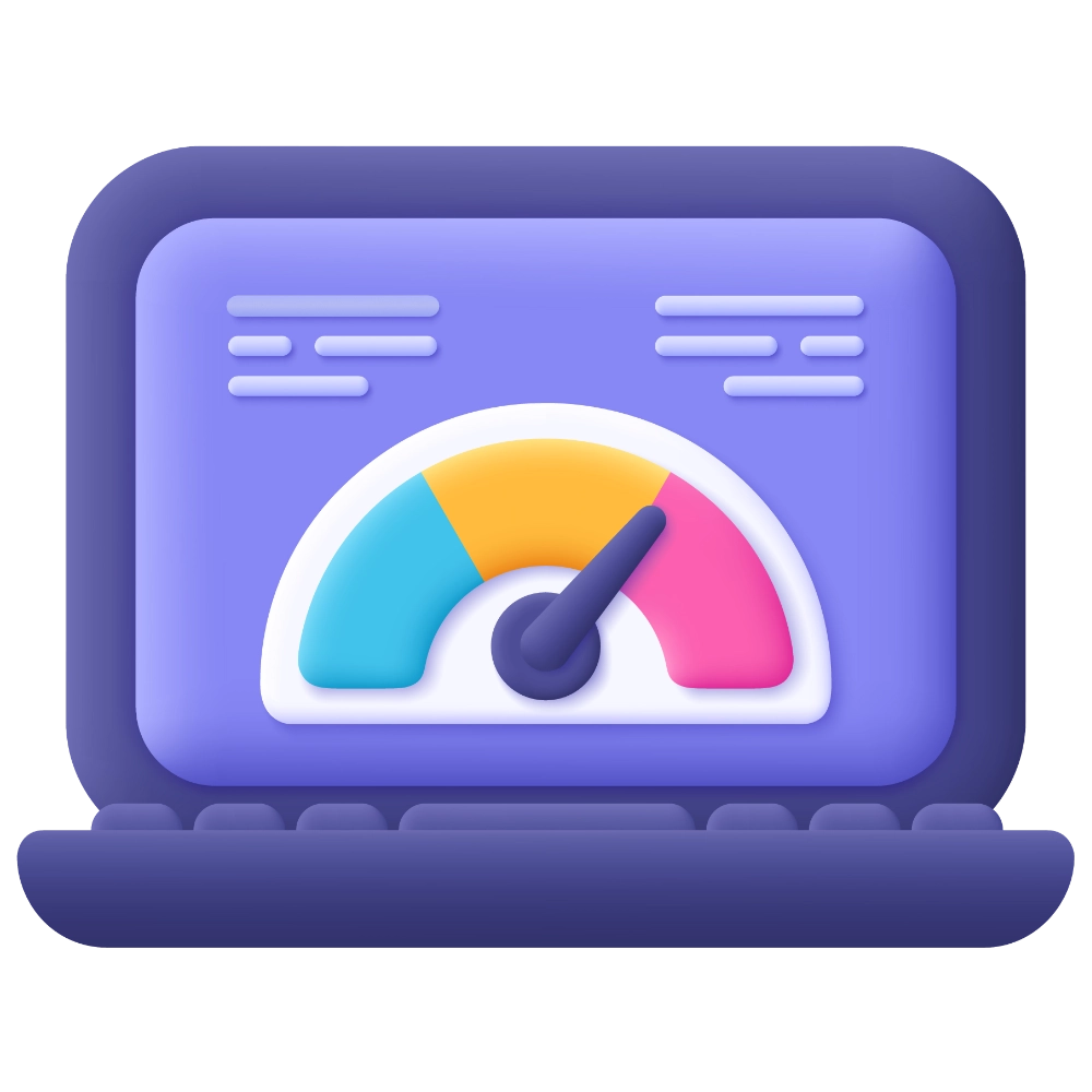 3D fialová ikona notebooku s barevným rychloměrem na obrazovce, znázorňujícím výkon nebo rychlost