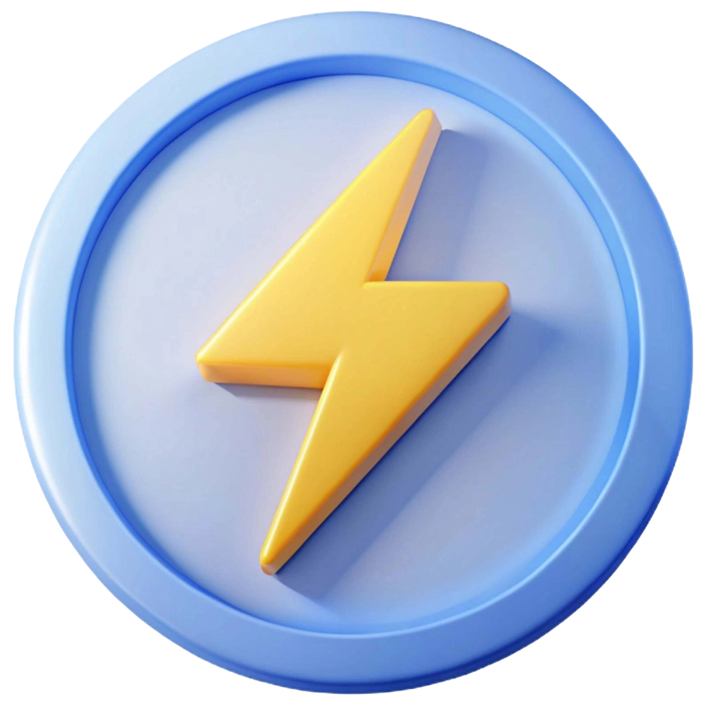 3D modrá kruhová ikona se žlutým symbolem blesku uprostřed