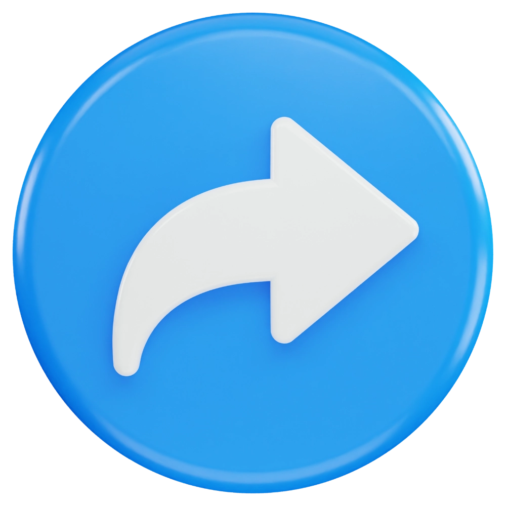 3D modrá kruhová ikona s bílou zakřivenou šipkou směřující doprava, připomínající symbol sdílení nebo přeposlání