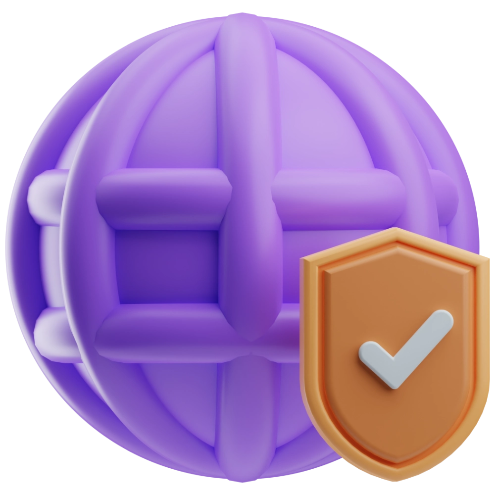 3D fialová ikona zeměkoule s hnědým bezpečnostním štítem a bílou fajfkou