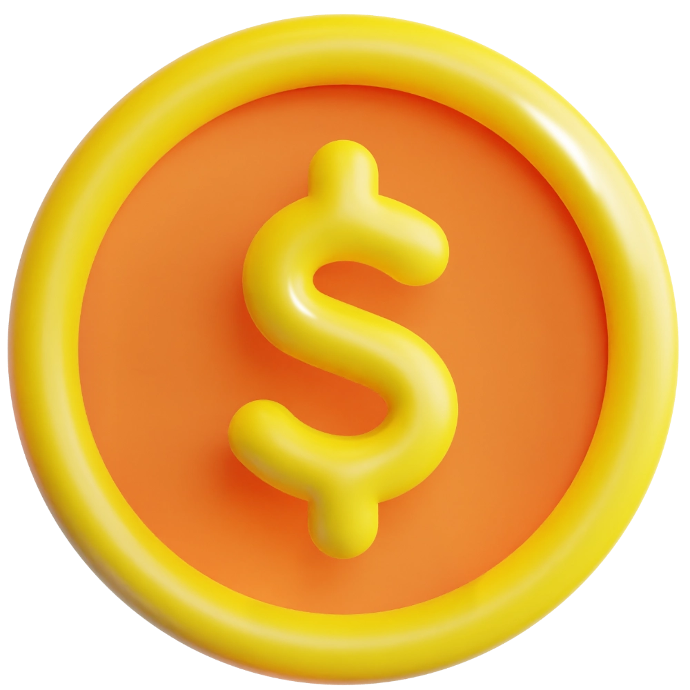 3D ikona mince se žlutým znakem dolaru na oranžovém pozadí