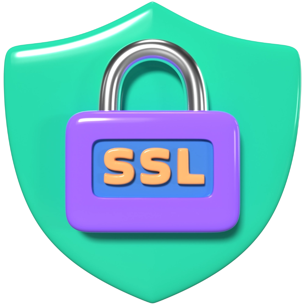 3D zelená ikona bezpečnostního štítu s fialovým visacím zámkem označeným nápisem „SSL“ ve žlutých písmenech