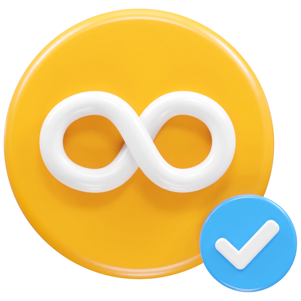 3D žlutá kruhová ikona s bílým symbolem nekonečna a malou modrou fajfkou v rohu.