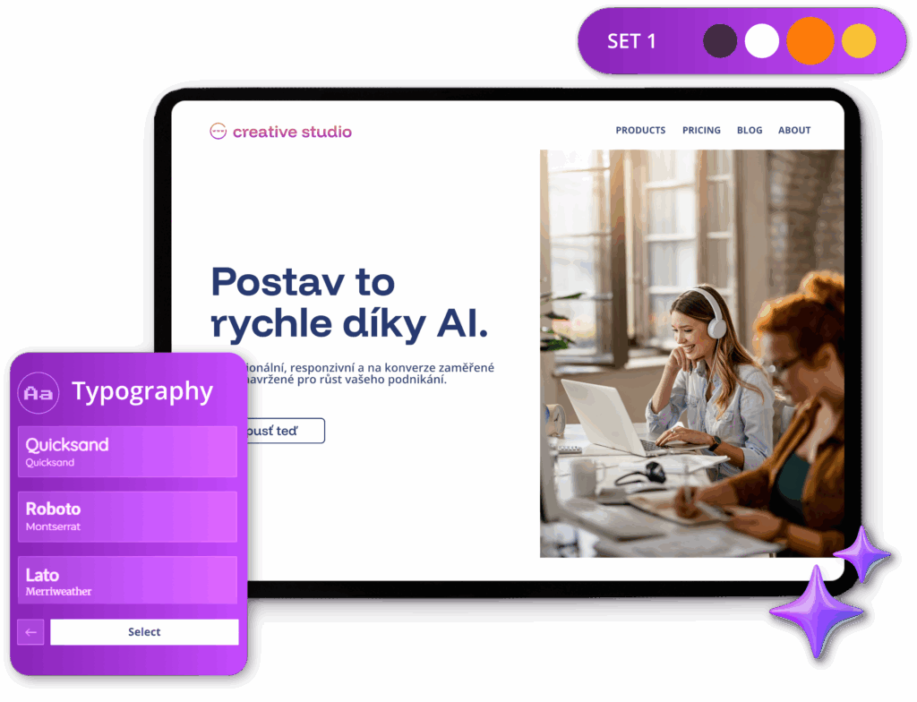 Ukázka webové šablony generované AI s možností volby typografie a barevné palety.